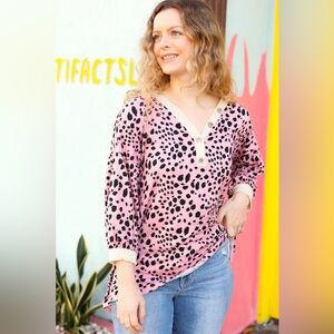 Pink Leopard-Print V-Neck Blouse with Contrast Trim